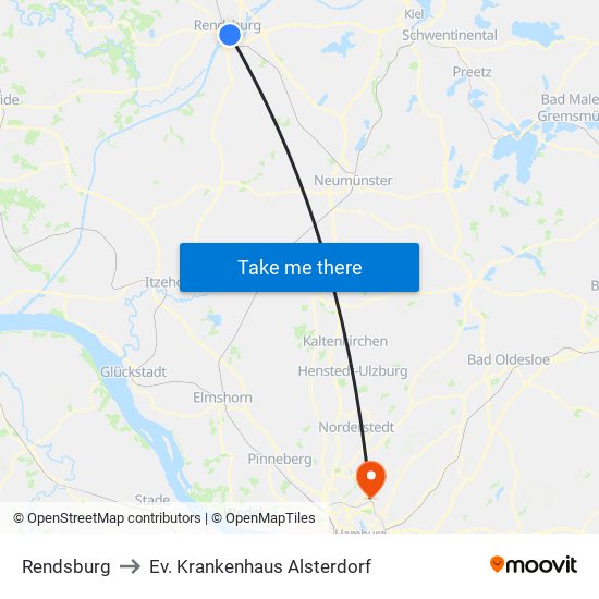 Rendsburg to Ev. Krankenhaus Alsterdorf map