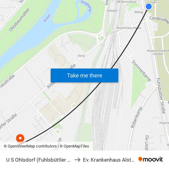 U S Ohlsdorf (Fuhlsbüttler Straße) to Ev. Krankenhaus Alsterdorf map