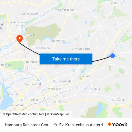 Hamburg Rahlstedt Center to Ev. Krankenhaus Alsterdorf map