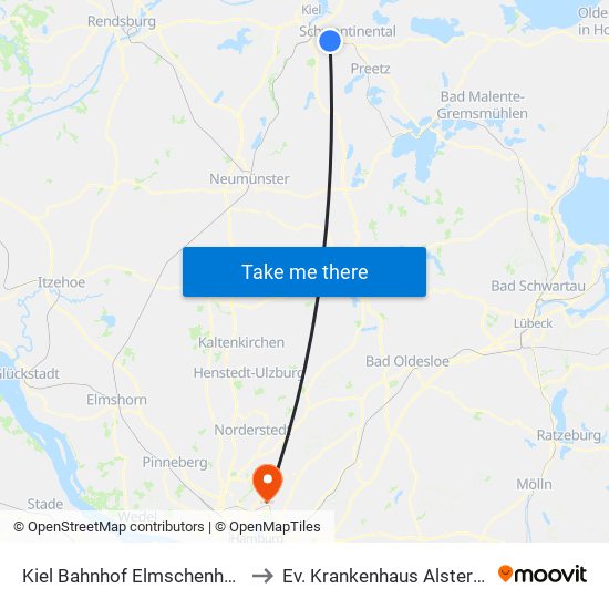 Kiel Bahnhof Elmschenhagen to Ev. Krankenhaus Alsterdorf map