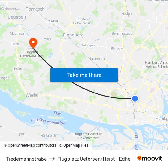 Tiedemannstraße to Flugplatz Uetersen / Heist - Edhe map