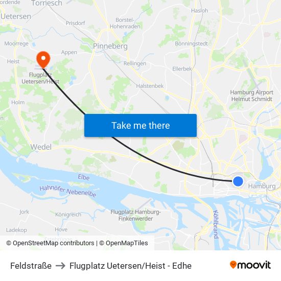 Feldstraße to Flugplatz Uetersen / Heist - Edhe map