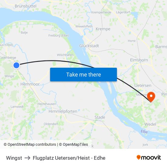 Wingst to Flugplatz Uetersen / Heist - Edhe map