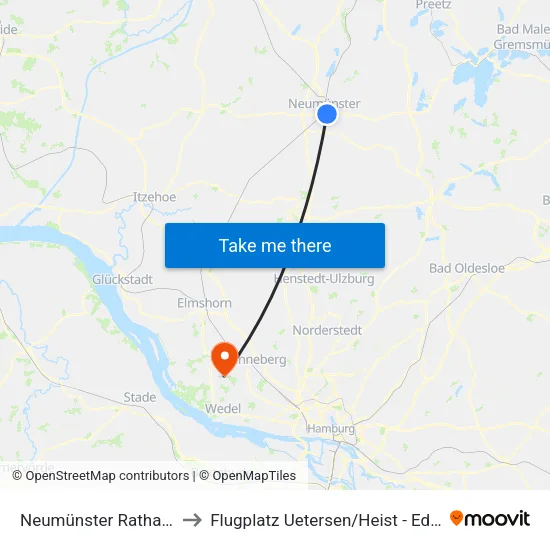 Neumünster Rathaus to Flugplatz Uetersen / Heist - Edhe map