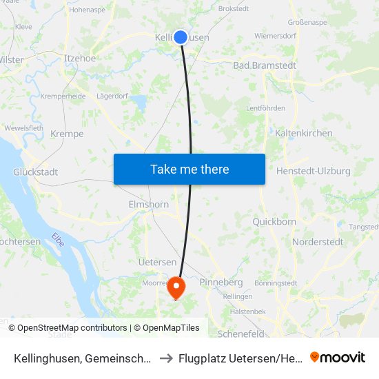 Kellinghusen, Gemeinschaftsschule to Flugplatz Uetersen / Heist - Edhe map