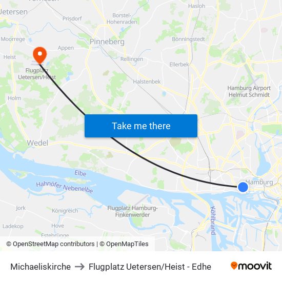 Michaeliskirche to Flugplatz Uetersen / Heist - Edhe map
