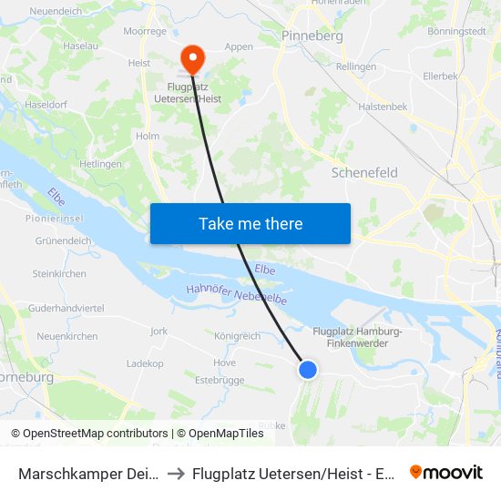 Marschkamper Deich to Flugplatz Uetersen / Heist - Edhe map