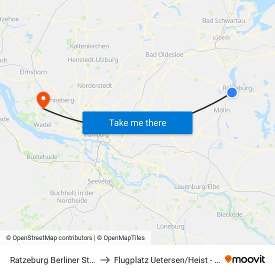 Ratzeburg Berliner Straße to Flugplatz Uetersen / Heist - Edhe map