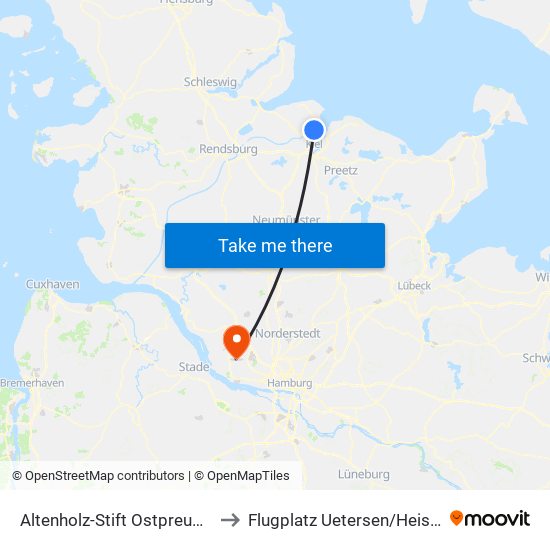 Altenholz-Stift Ostpreußenplatz to Flugplatz Uetersen / Heist - Edhe map