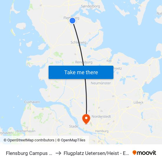 Flensburg Campus Uni to Flugplatz Uetersen / Heist - Edhe map