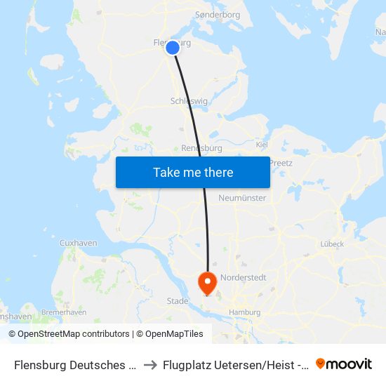 Flensburg Deutsches Haus to Flugplatz Uetersen / Heist - Edhe map