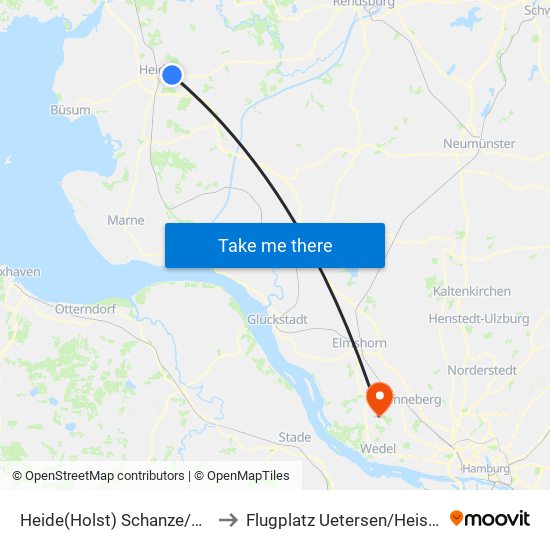 Heide(Holst) Schanze/Kaserne to Flugplatz Uetersen / Heist - Edhe map