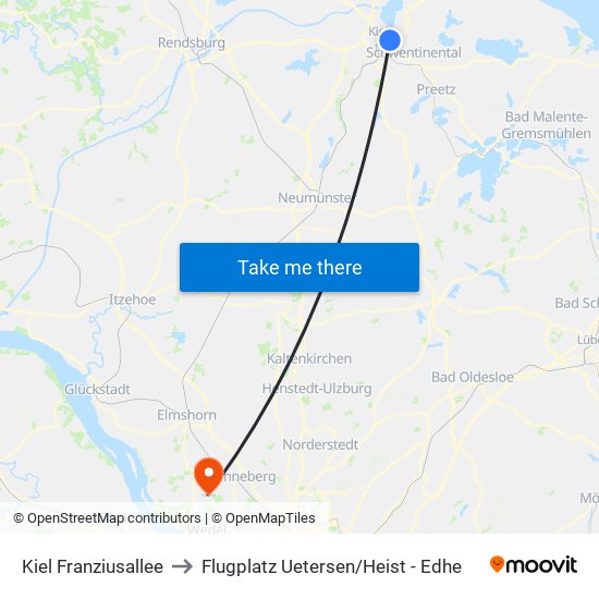 Kiel Franziusallee to Flugplatz Uetersen / Heist - Edhe map