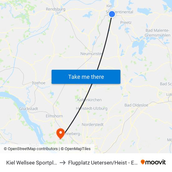 Kiel Wellsee Sportplatz to Flugplatz Uetersen / Heist - Edhe map