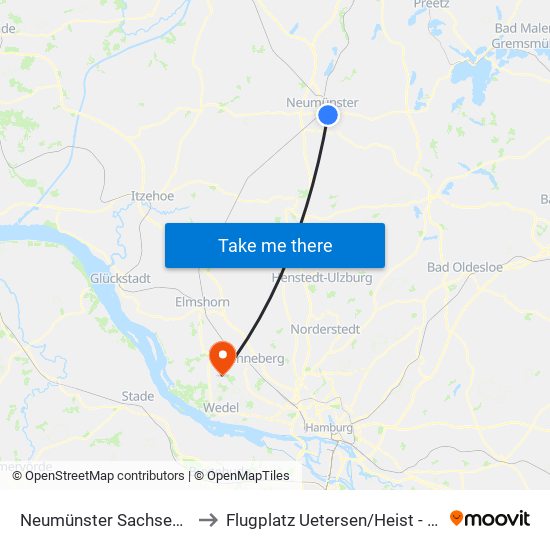 Neumünster Sachsenring to Flugplatz Uetersen / Heist - Edhe map