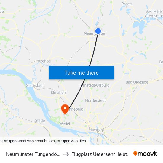 Neumünster Tungendorf-Dorf to Flugplatz Uetersen / Heist - Edhe map