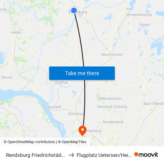 Rendsburg Friedrichstädter Straße to Flugplatz Uetersen / Heist - Edhe map