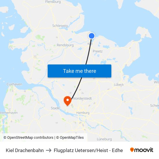 Kiel Drachenbahn to Flugplatz Uetersen / Heist - Edhe map