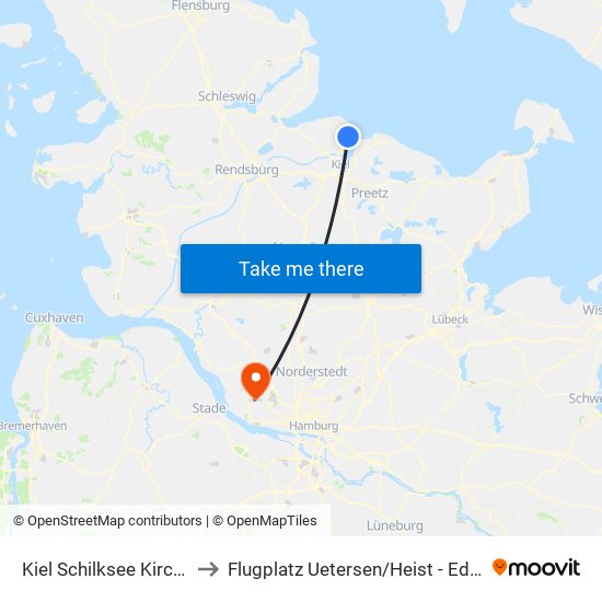 Kiel Schilksee Kirche to Flugplatz Uetersen / Heist - Edhe map