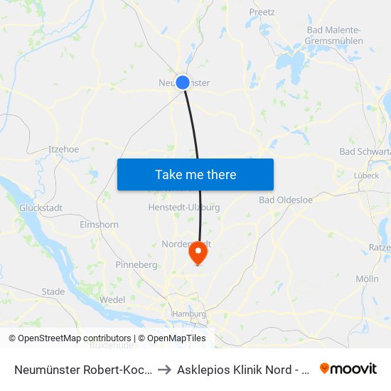 Neumünster Robert-Koch-Straße to Asklepios Klinik Nord - Heidberg map