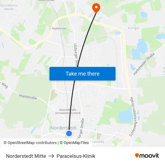 Norderstedt Mitte to Paracelsus-Klinik map