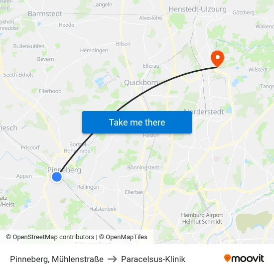Pinneberg, Mühlenstraße to Paracelsus-Klinik map