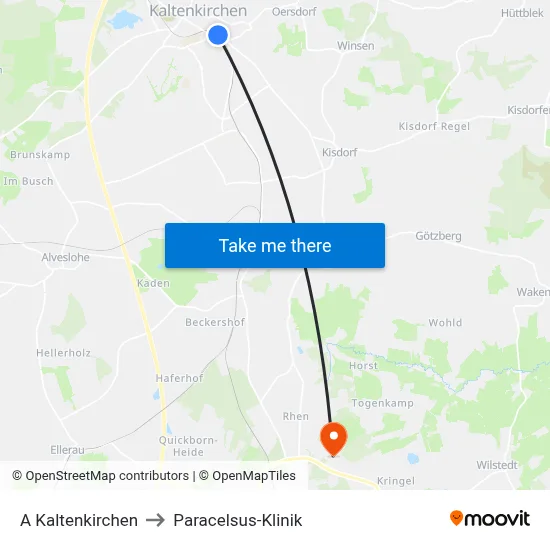 A Kaltenkirchen to Paracelsus-Klinik map