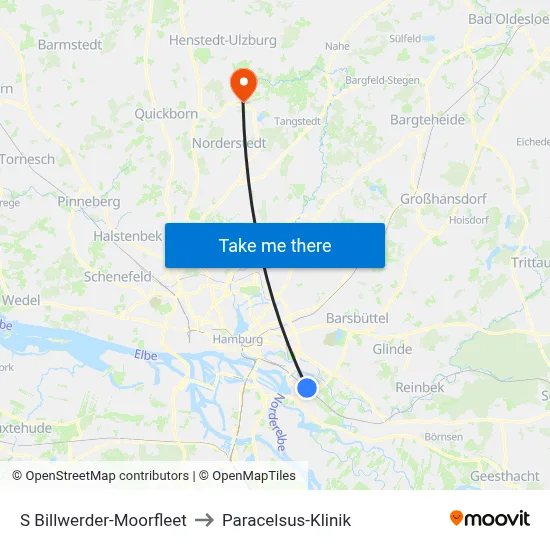 S Billwerder-Moorfleet to Paracelsus-Klinik map
