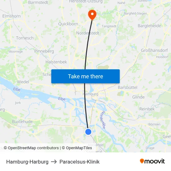Hamburg-Harburg to Paracelsus-Klinik map