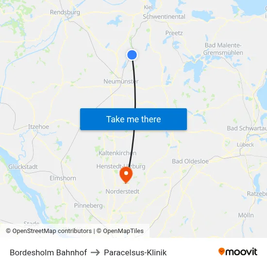 Bordesholm Bahnhof to Paracelsus-Klinik map