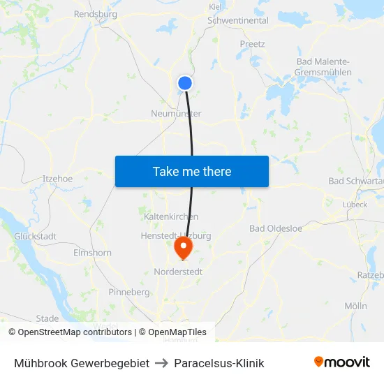 Mühbrook Gewerbegebiet to Paracelsus-Klinik map