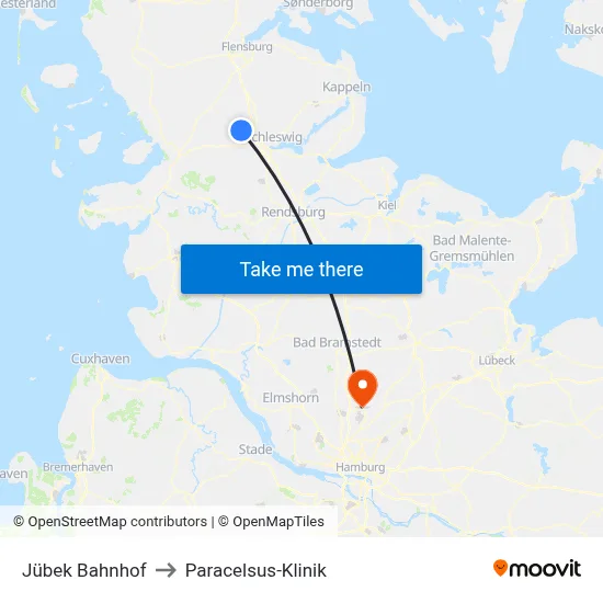 Jübek Bahnhof to Paracelsus-Klinik map