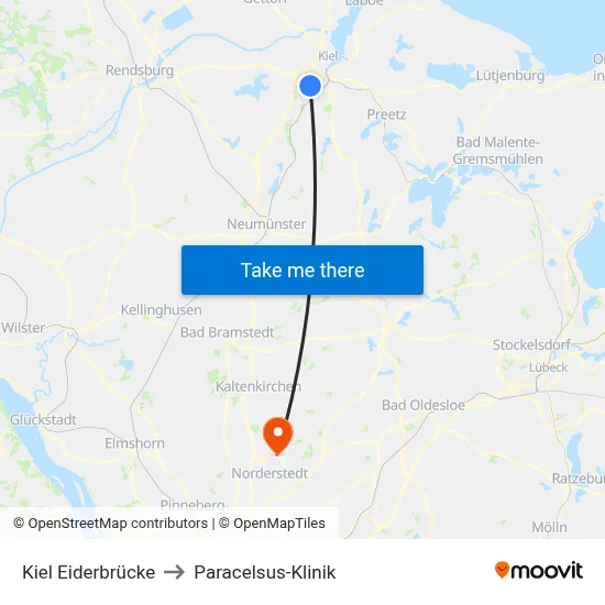 Kiel Eiderbrücke to Paracelsus-Klinik map