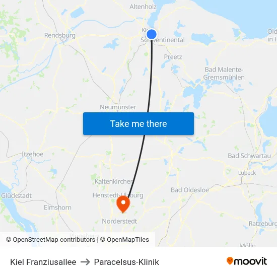 Kiel Franziusallee to Paracelsus-Klinik map