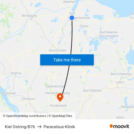 Kiel Ostring/B76 to Paracelsus-Klinik map
