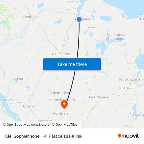 Kiel Sophienhöhe to Paracelsus-Klinik map