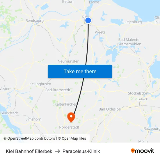 Kiel Bahnhof Ellerbek to Paracelsus-Klinik map