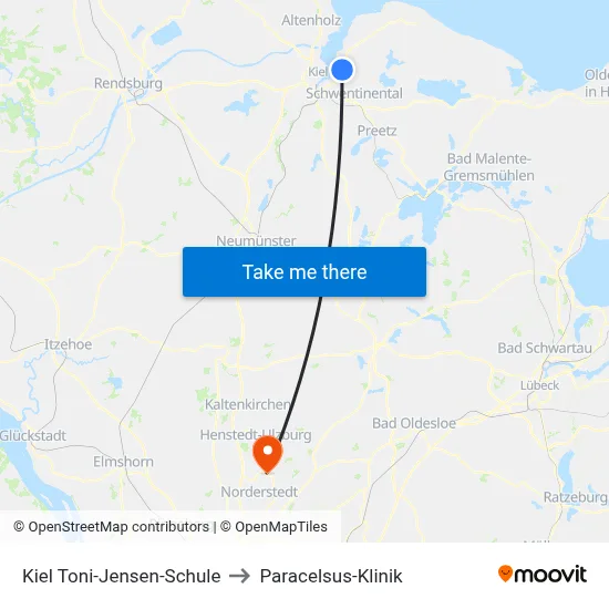 Kiel Toni-Jensen-Schule to Paracelsus-Klinik map