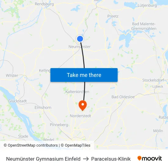 Neumünster Gymnasium Einfeld to Paracelsus-Klinik map