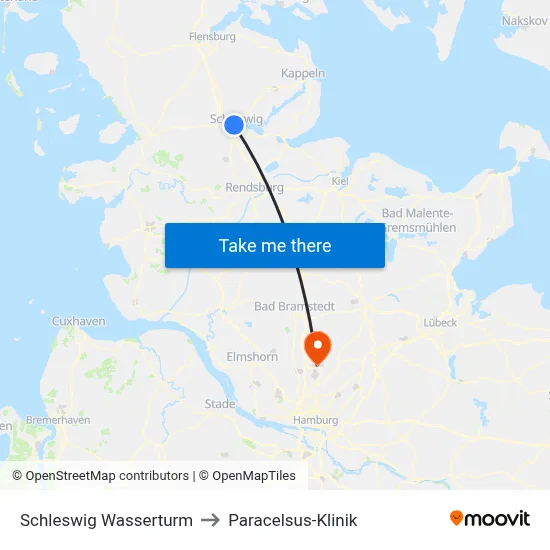 Schleswig Wasserturm to Paracelsus-Klinik map