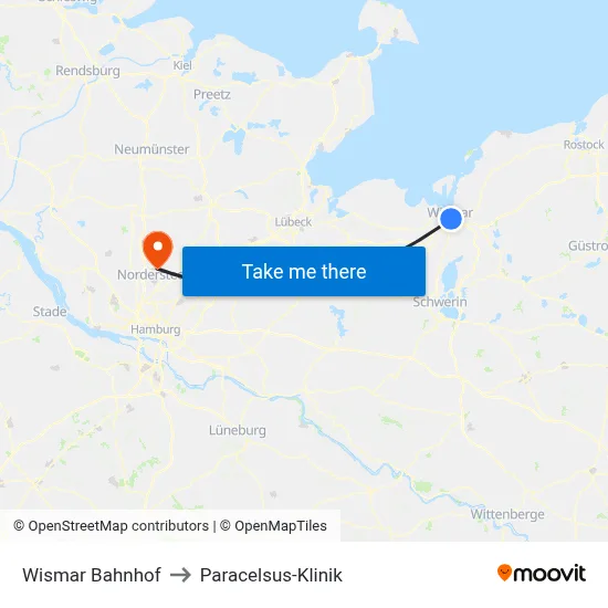Wismar Bahnhof to Paracelsus-Klinik map