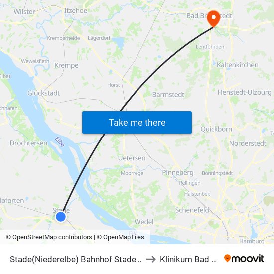 Stade(Niederelbe) Bahnhof Stade/Harsefelder Straße to Klinikum Bad Bramstedt map