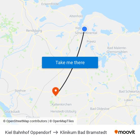 Kiel Bahnhof Oppendorf to Klinikum Bad Bramstedt map