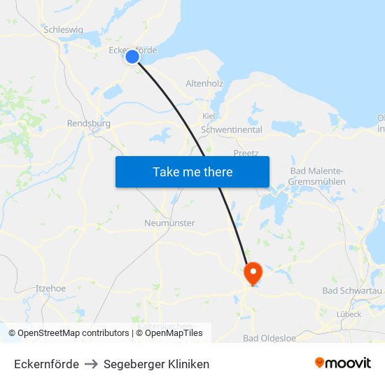 Eckernförde to Segeberger Kliniken map