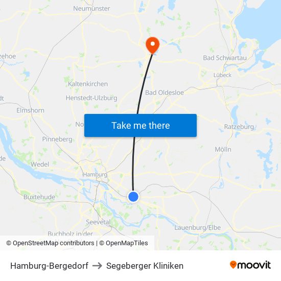 Hamburg-Bergedorf to Segeberger Kliniken map