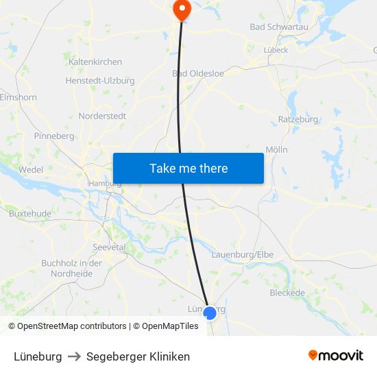 Lüneburg to Segeberger Kliniken map