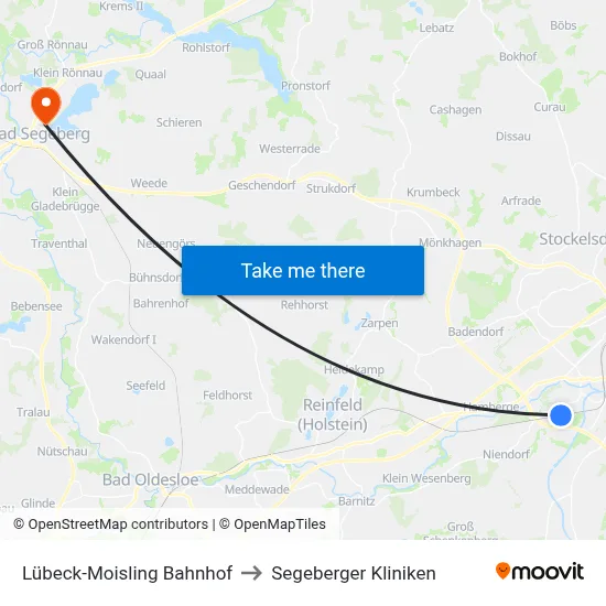 Lübeck-Moisling Bahnhof to Segeberger Kliniken map