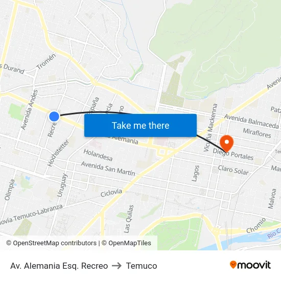 Av. Alemania Esq. Recreo to Temuco map