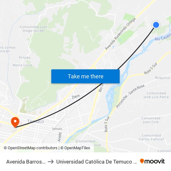 Avenida Barros Arana, 6685 to Universidad Católica De Temuco (Campus San Francisco) map