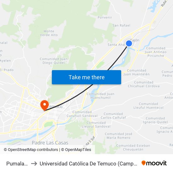 Pumalal, 004 to Universidad Católica De Temuco (Campus San Francisco) map